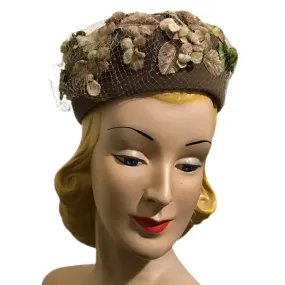 Autumnal Tan Velvet Leaf and Veil Trimmed Pill Box Hat circa 1960s