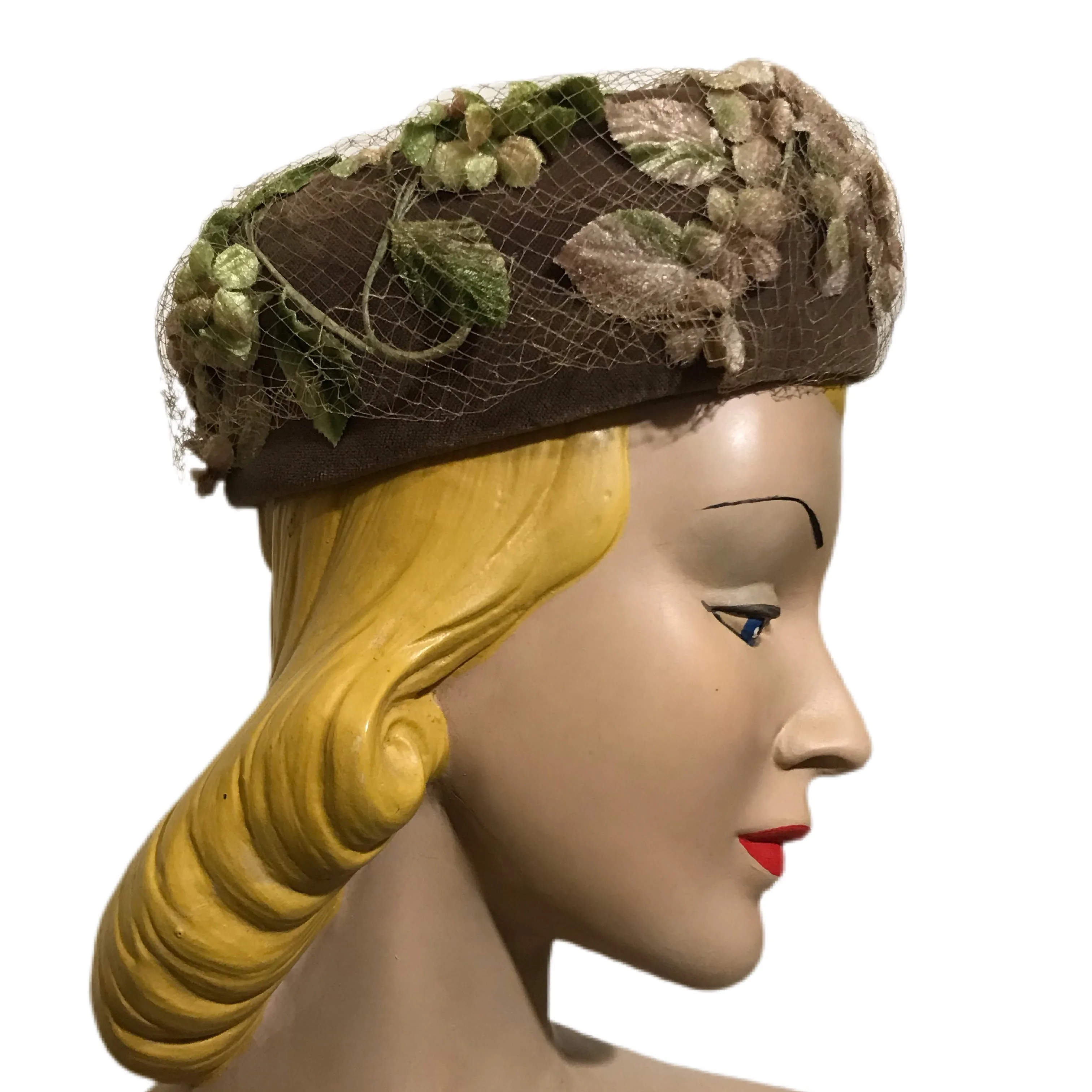 Autumnal Tan Velvet Leaf and Veil Trimmed Pill Box Hat circa 1960s