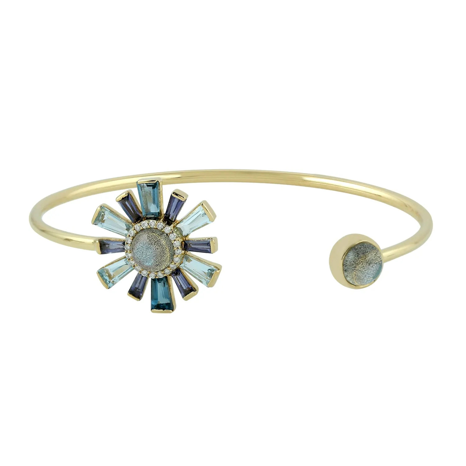 Baguette Multiple Gemstone Sunburst Designer Cuff Bracelet In 18k Yellow Gold