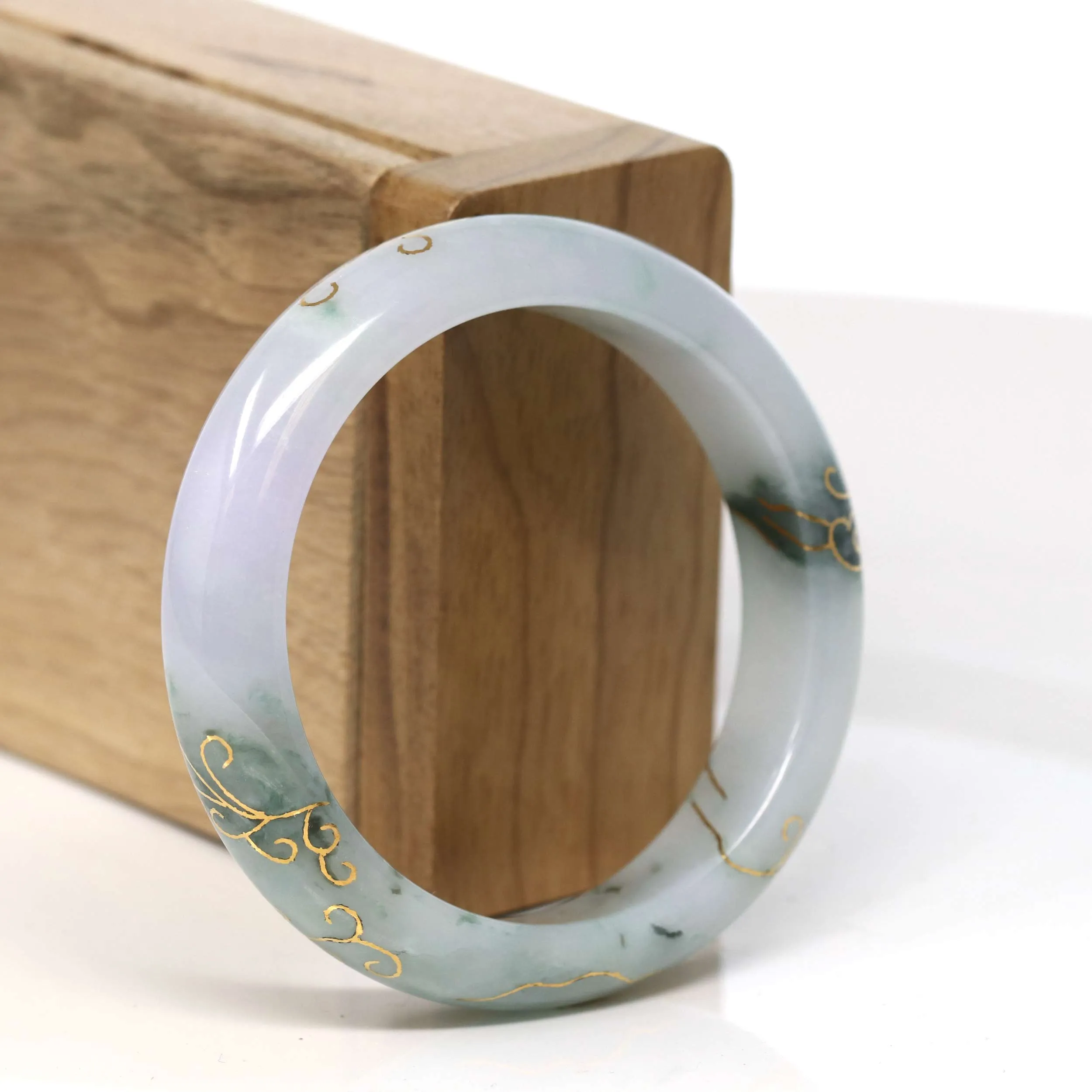 Baikalla "Half Round" 18k Inlay Lavender Blue-Green Jadeite Jade Bangle Bracelet (52.70 mm) #T362