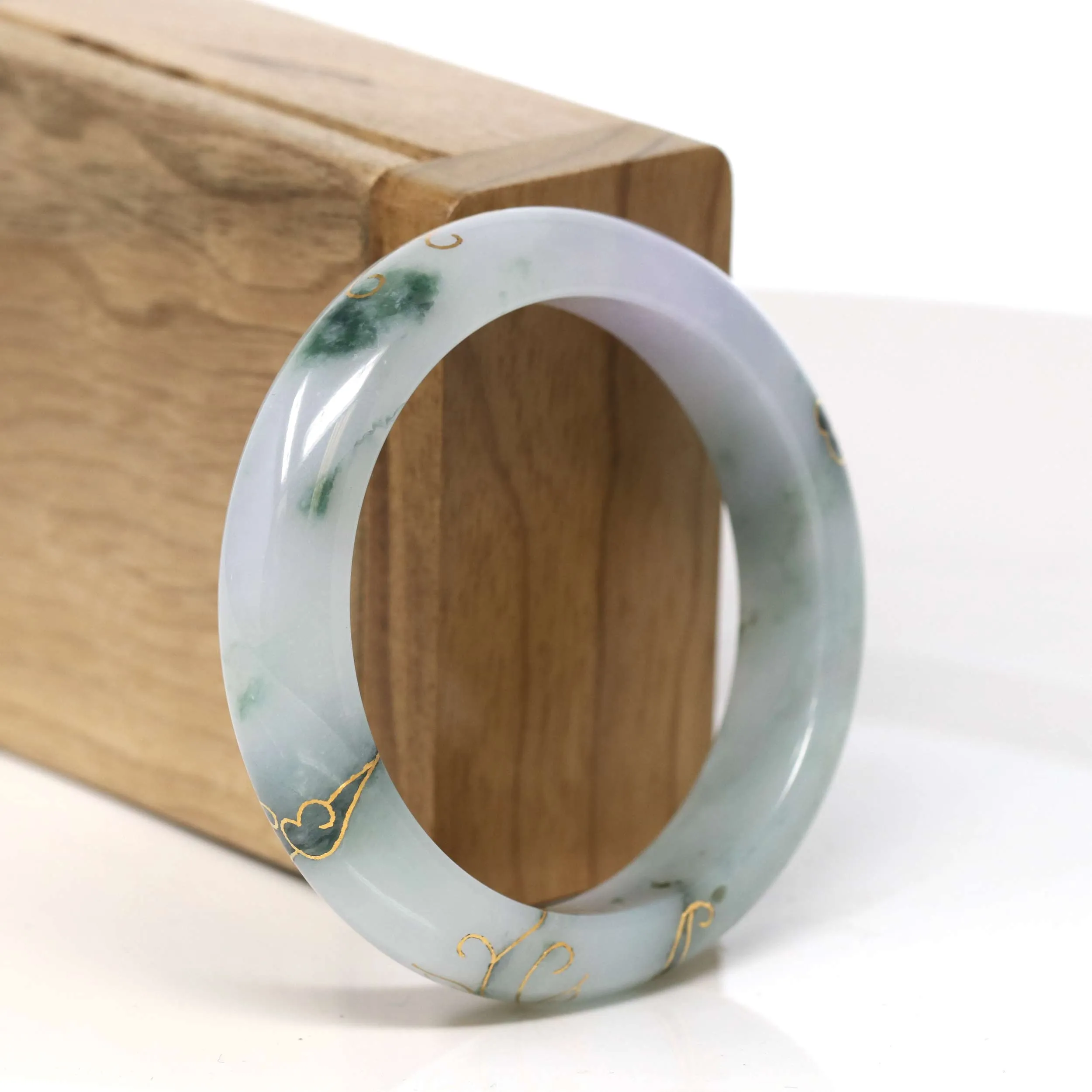 Baikalla "Half Round" 18k Inlay Lavender Blue-Green Jadeite Jade Bangle Bracelet (52.70 mm) #T362