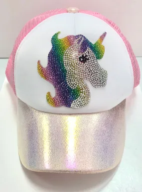 Bari Lynn Rhinestone Rainbow Unicorn Holographic Trucker Hat