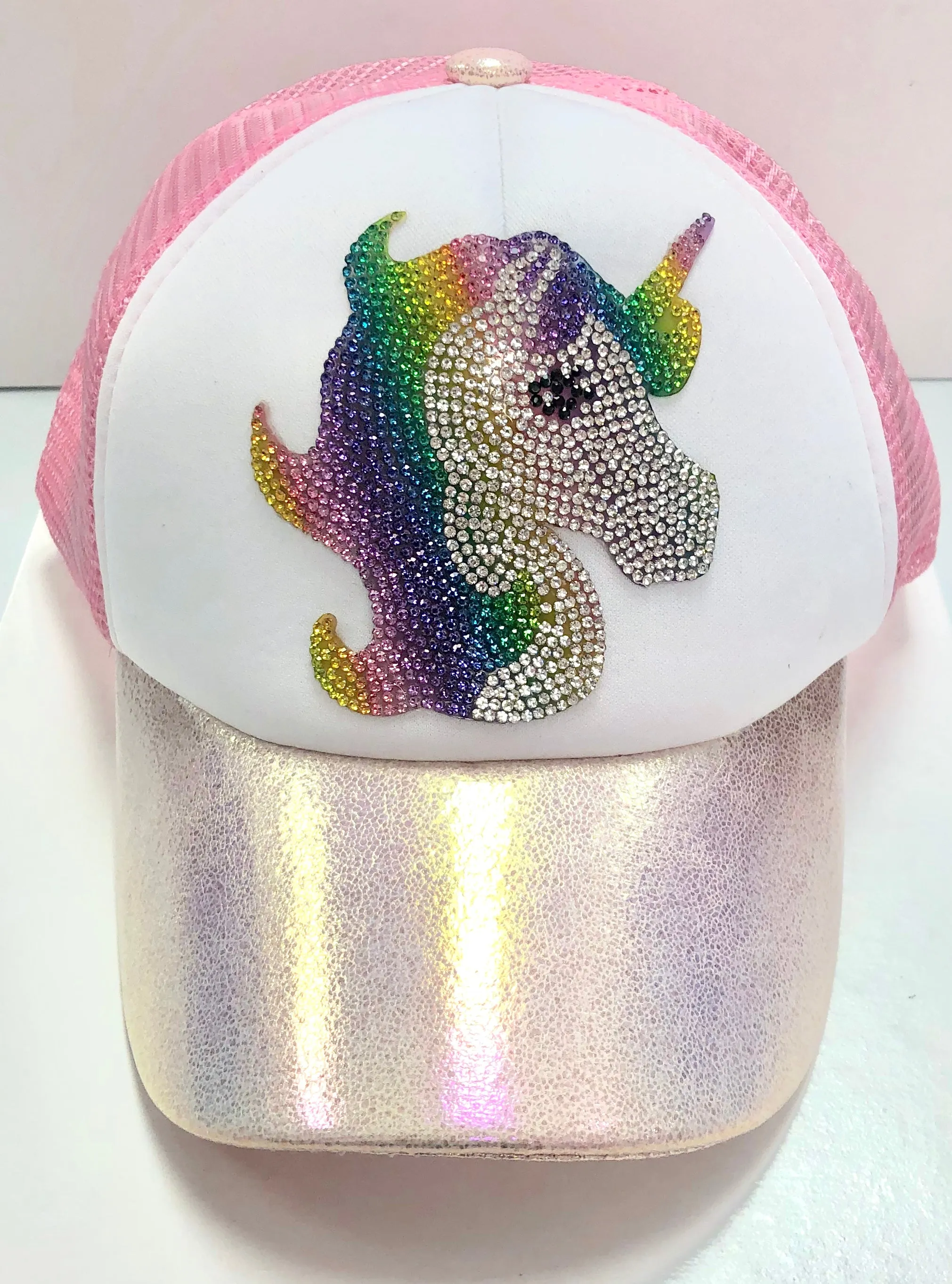 Bari Lynn Rhinestone Rainbow Unicorn Holographic Trucker Hat