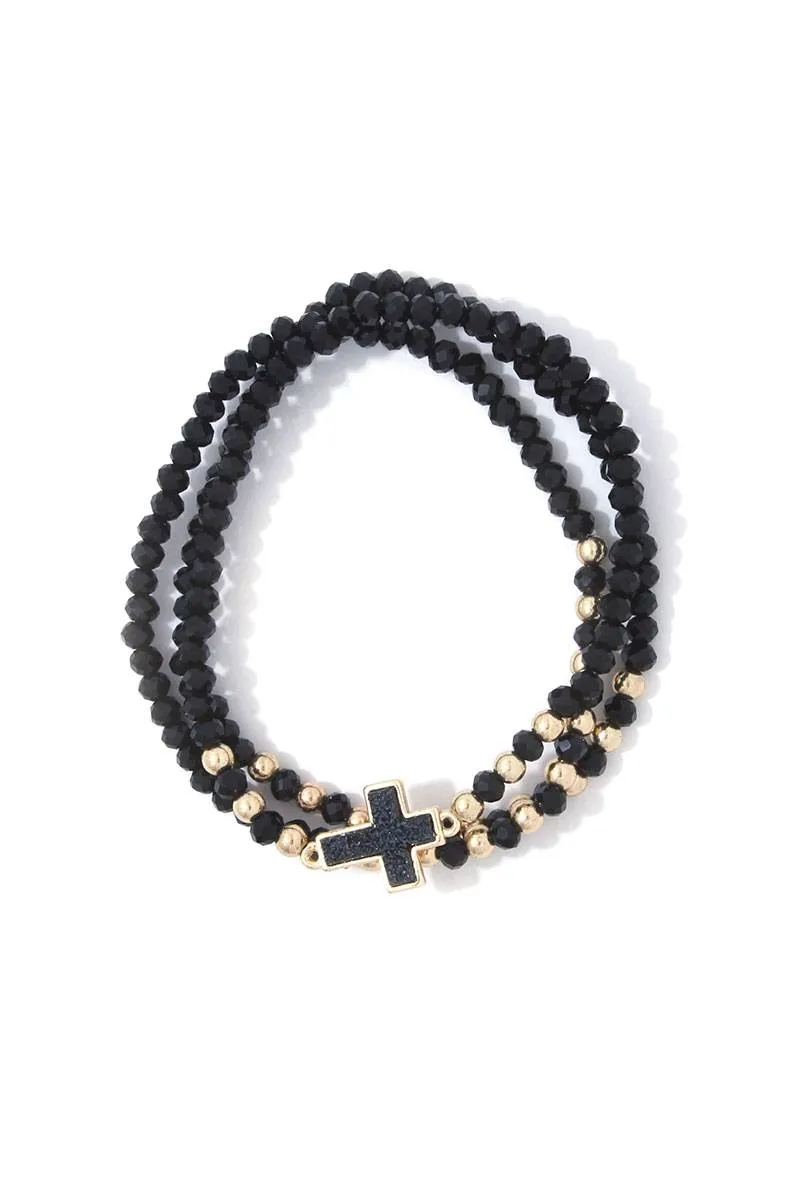 Beaded Cross Charm Stretch Bracelet