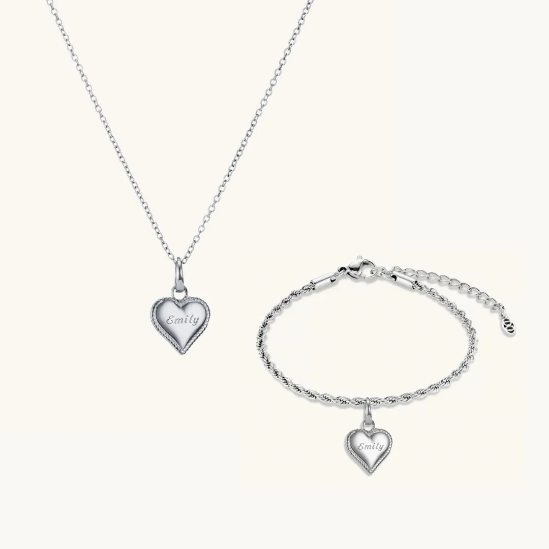 Beaded Heart Matching Necklace & Bracelet Set in Silver