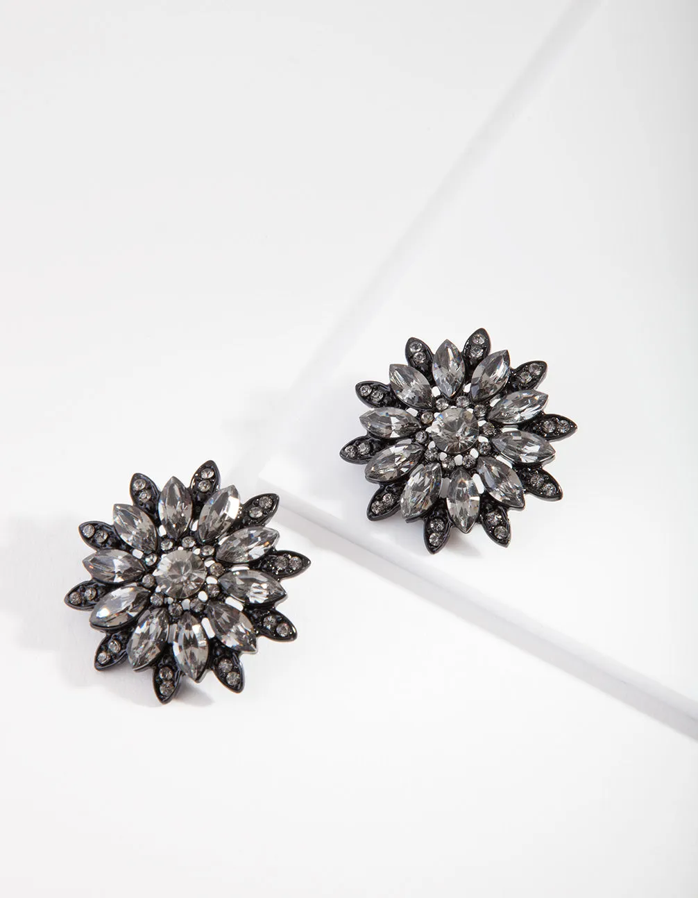 Black Diamante Flower Stud Earrings