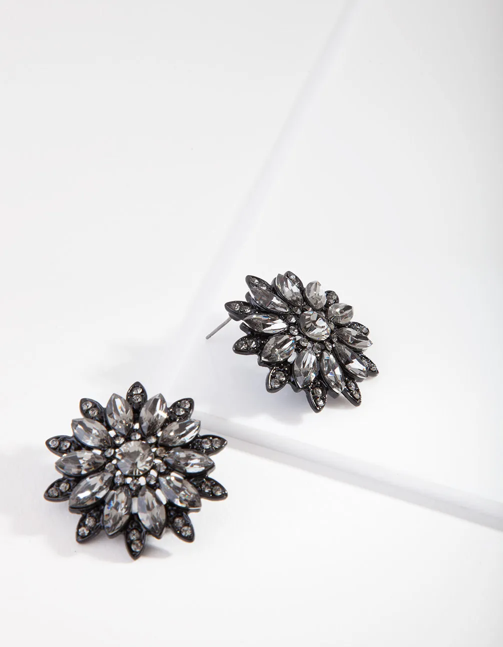 Black Diamante Flower Stud Earrings