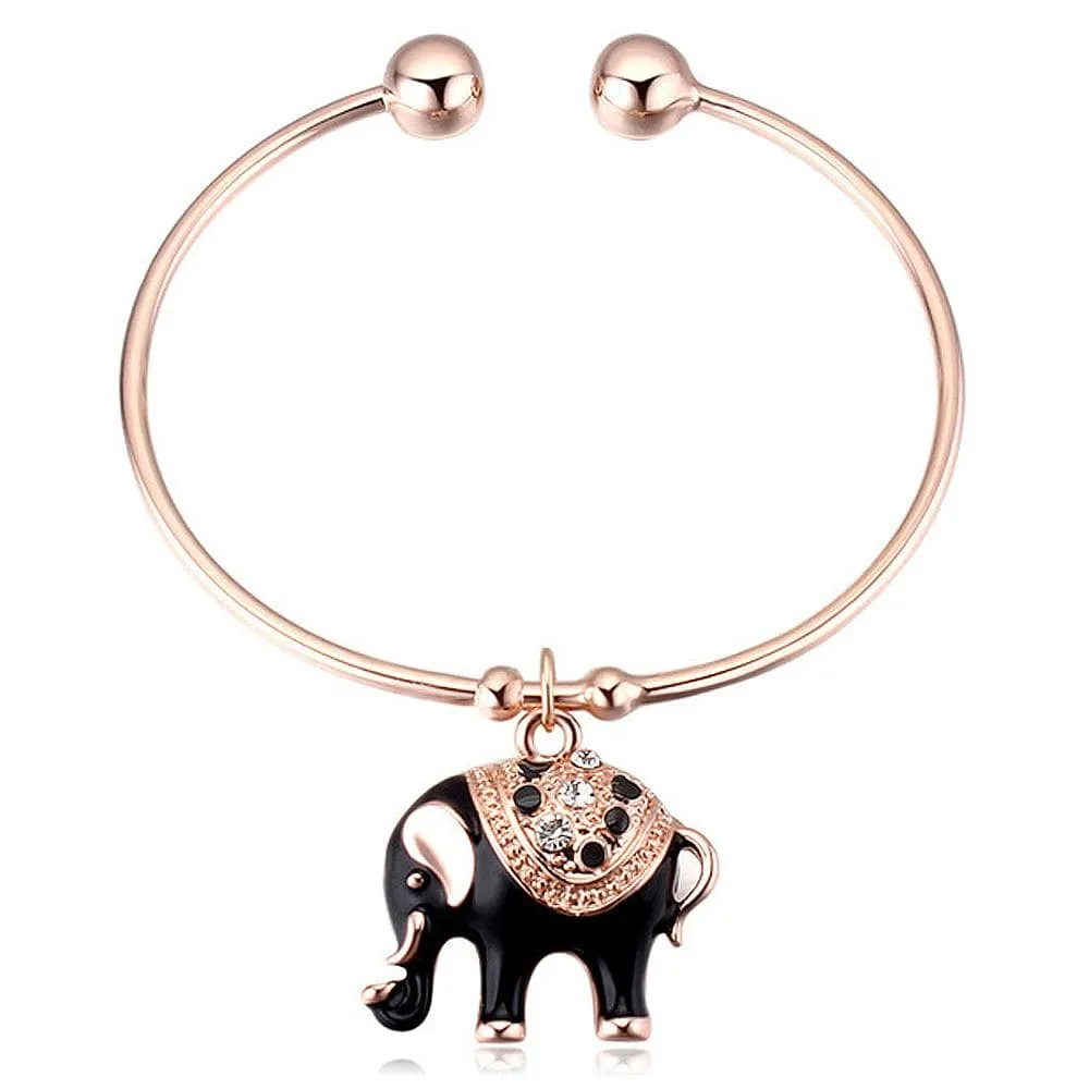 Black Elephant Charm Open Bangle Embellished With SWAROVSKI Crystals