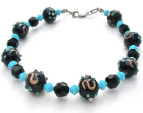 Blue & Black Lampwork Glass Bead Bracelet 925