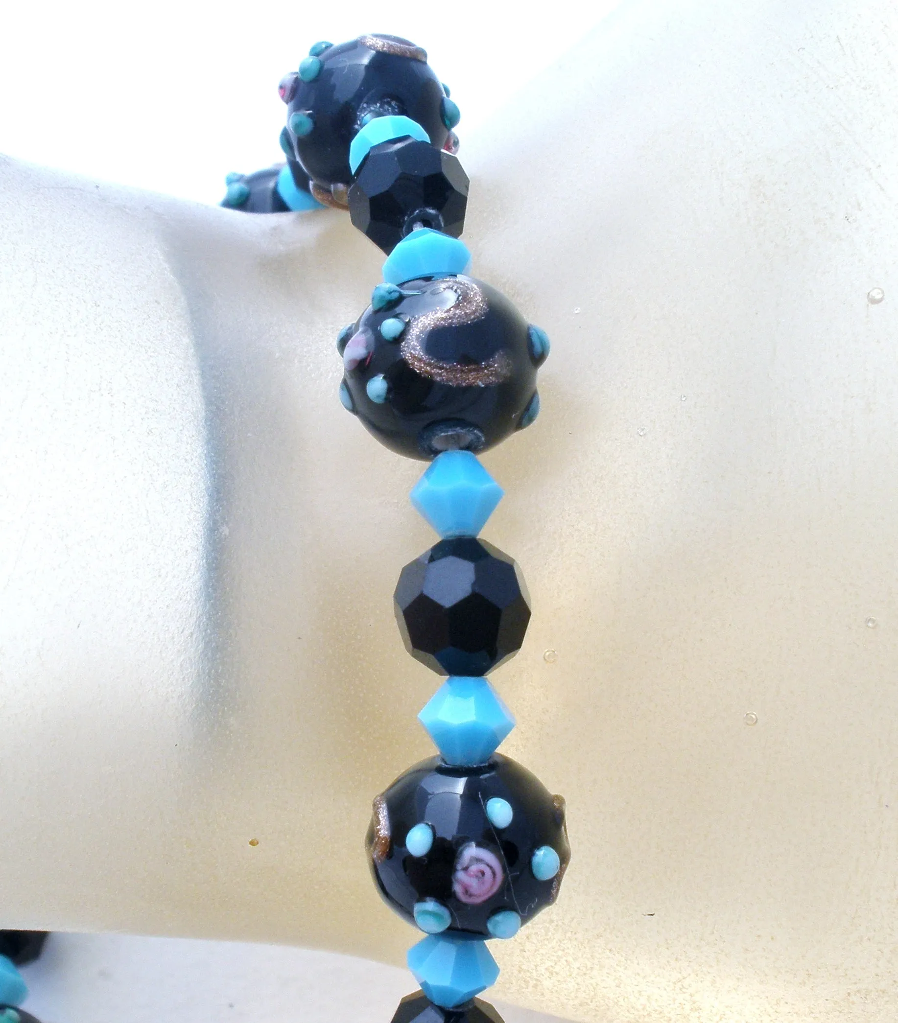 Blue & Black Lampwork Glass Bead Bracelet 925