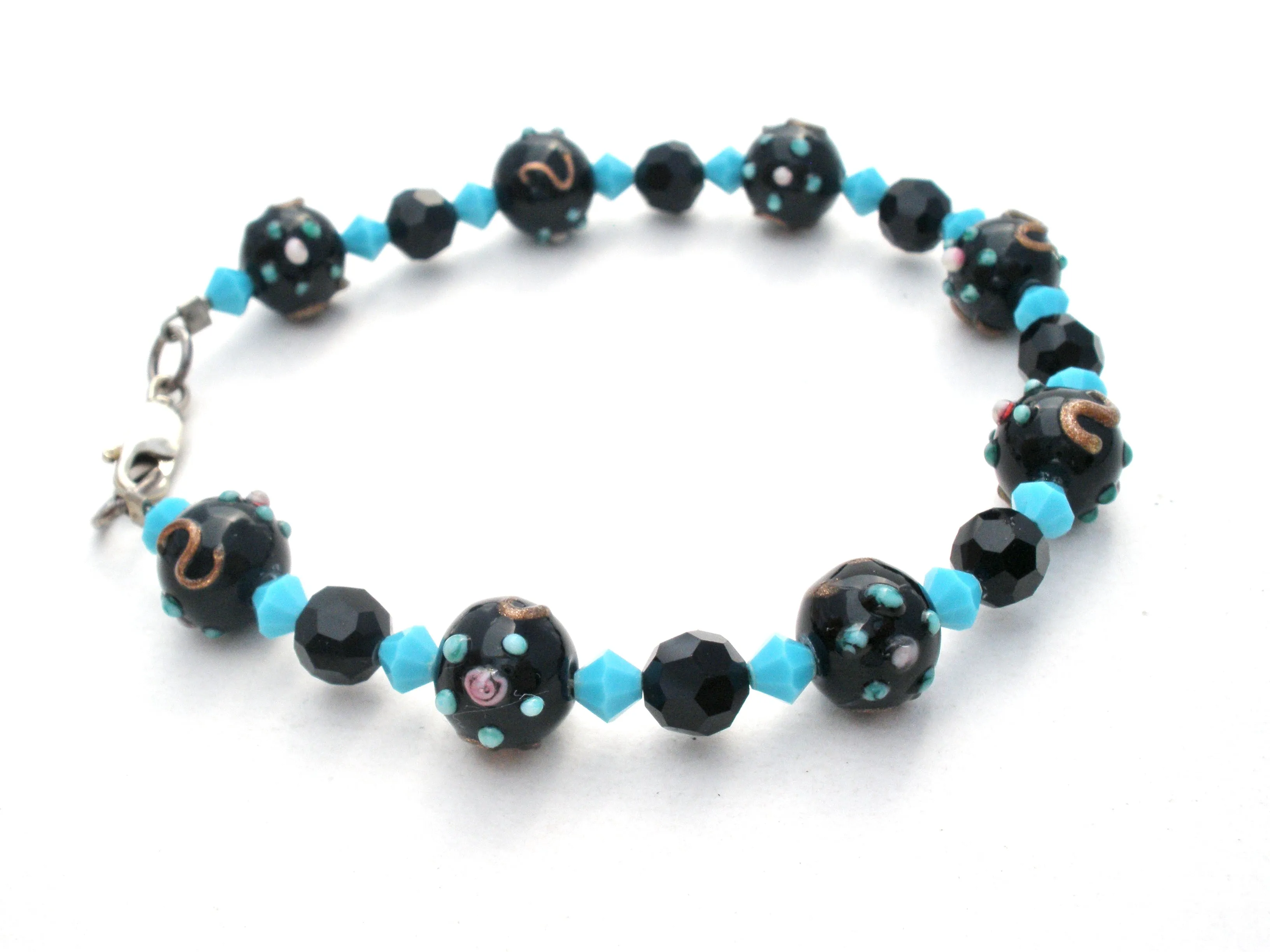 Blue & Black Lampwork Glass Bead Bracelet 925