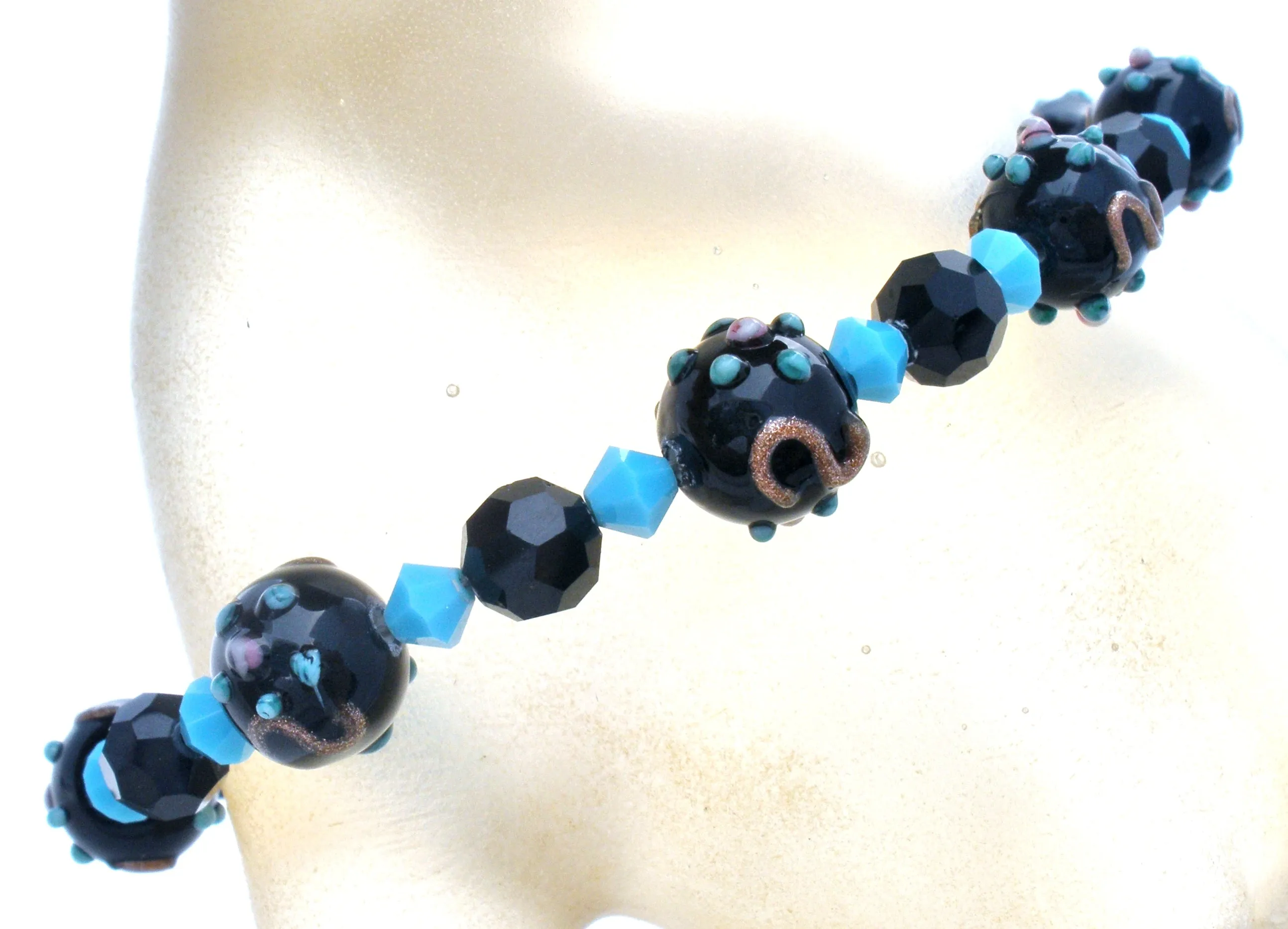 Blue & Black Lampwork Glass Bead Bracelet 925