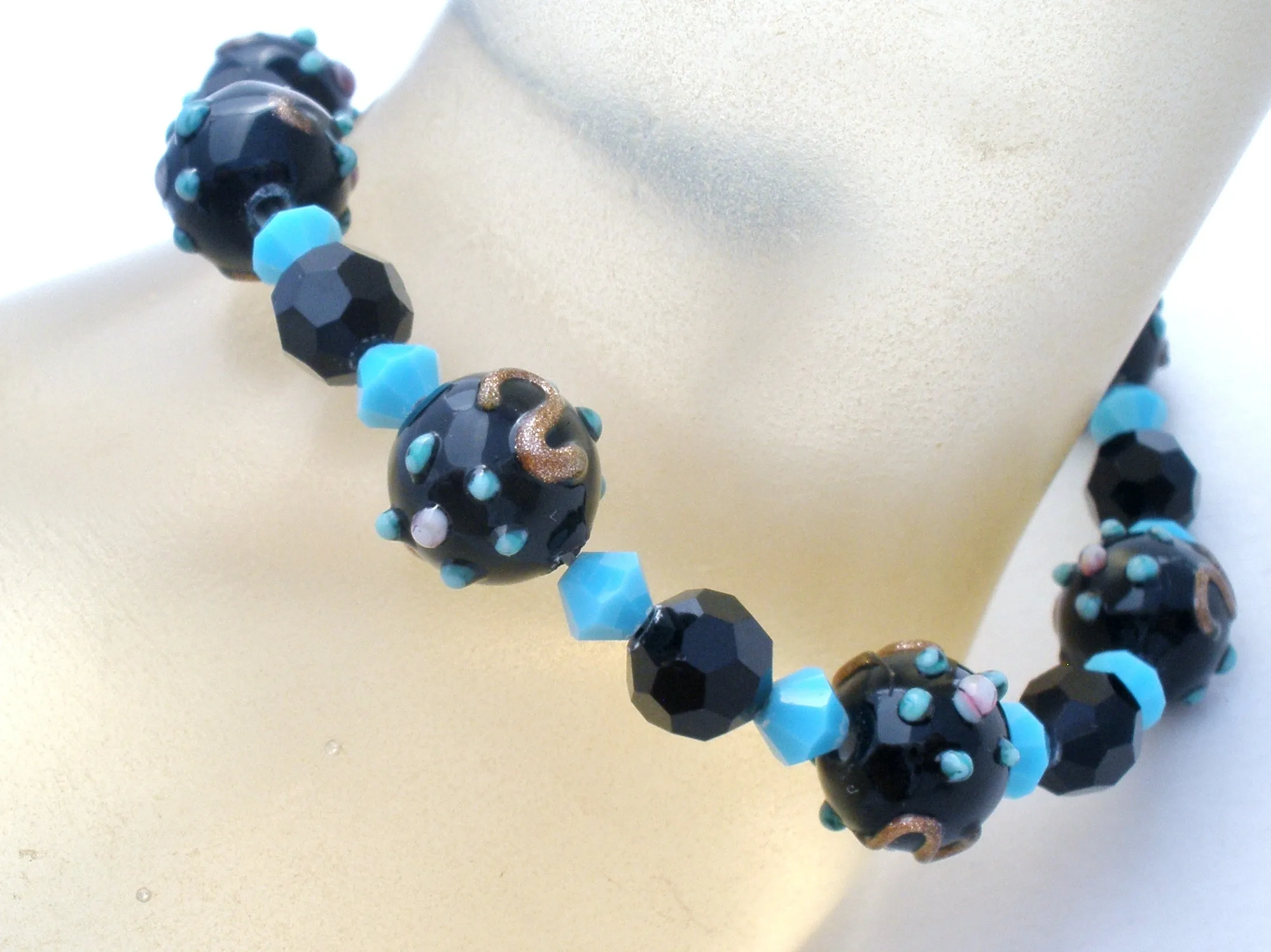 Blue & Black Lampwork Glass Bead Bracelet 925