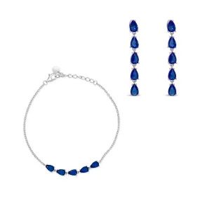 BLUE LINE OF PEARS BRACELET & STUD EARRING HALF SILVER SET