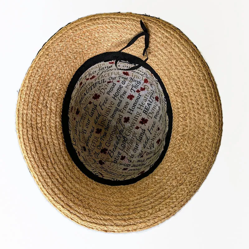 Braided Raffia Sun Hat with black raffia edge, black scarf and coconut buckle, adjustable fit