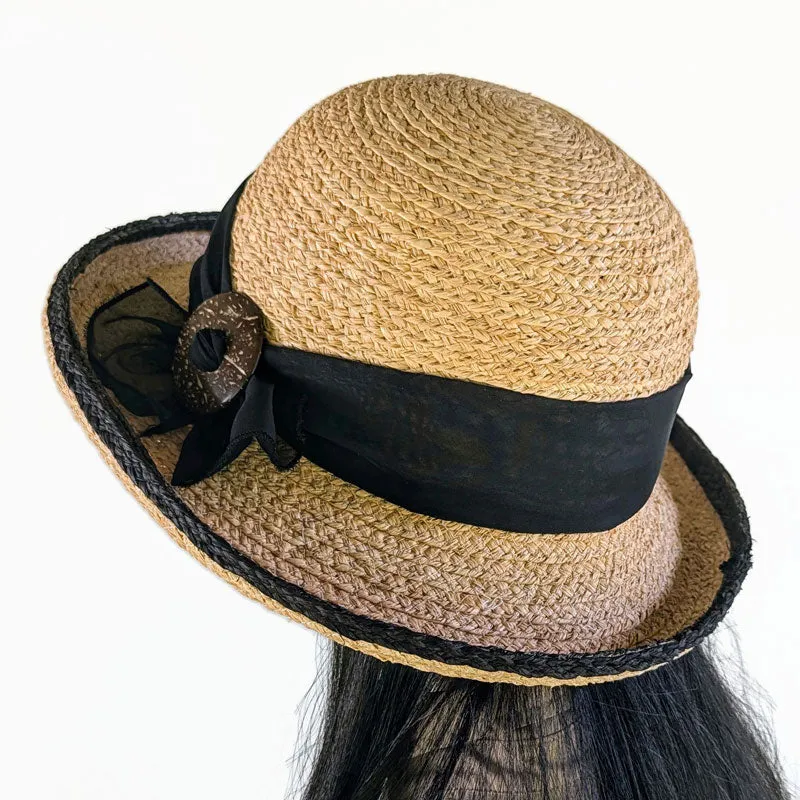 Braided Raffia Sun Hat with black raffia edge, black scarf and coconut buckle, adjustable fit