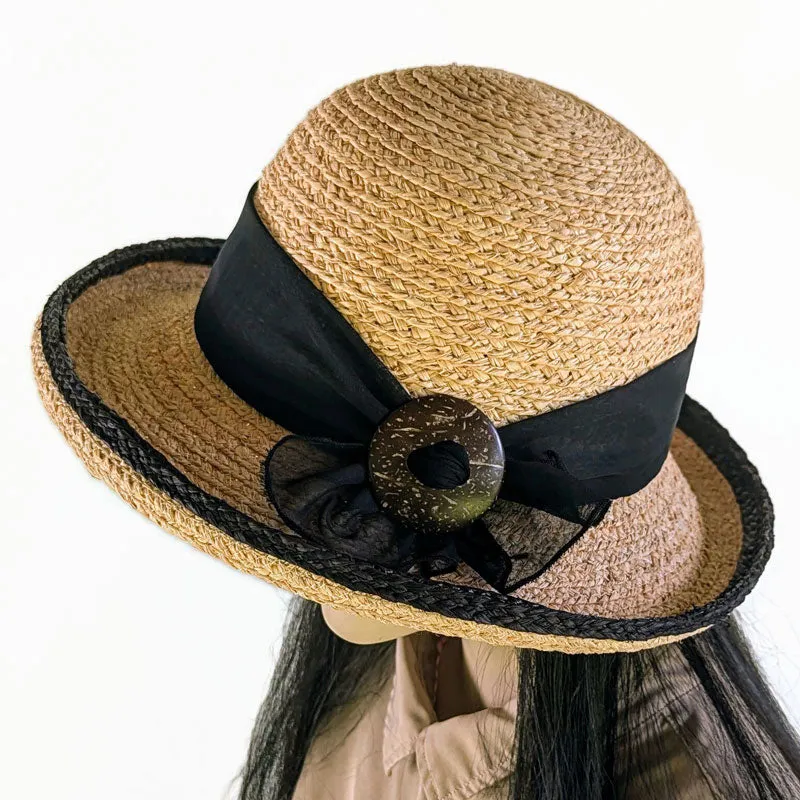 Braided Raffia Sun Hat with black raffia edge, black scarf and coconut buckle, adjustable fit