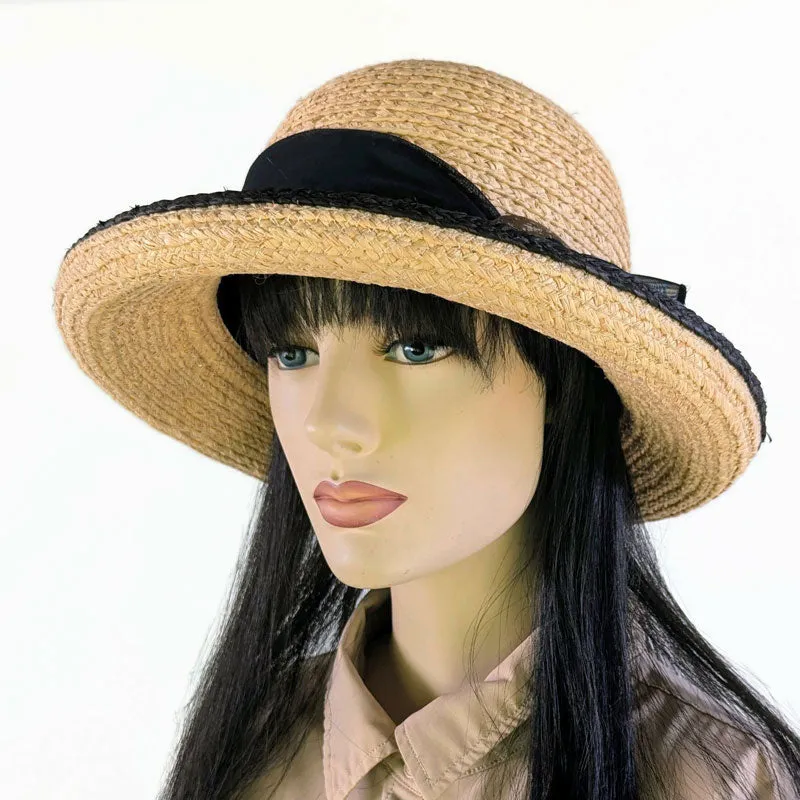 Braided Raffia Sun Hat with black raffia edge, black scarf and coconut buckle, adjustable fit