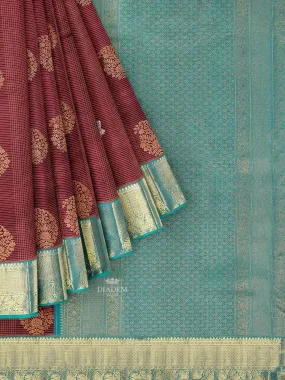 Brown Pure Kanchipuram (Bridal) Silk Saree with Stripes on the body and Contrast Zari Border