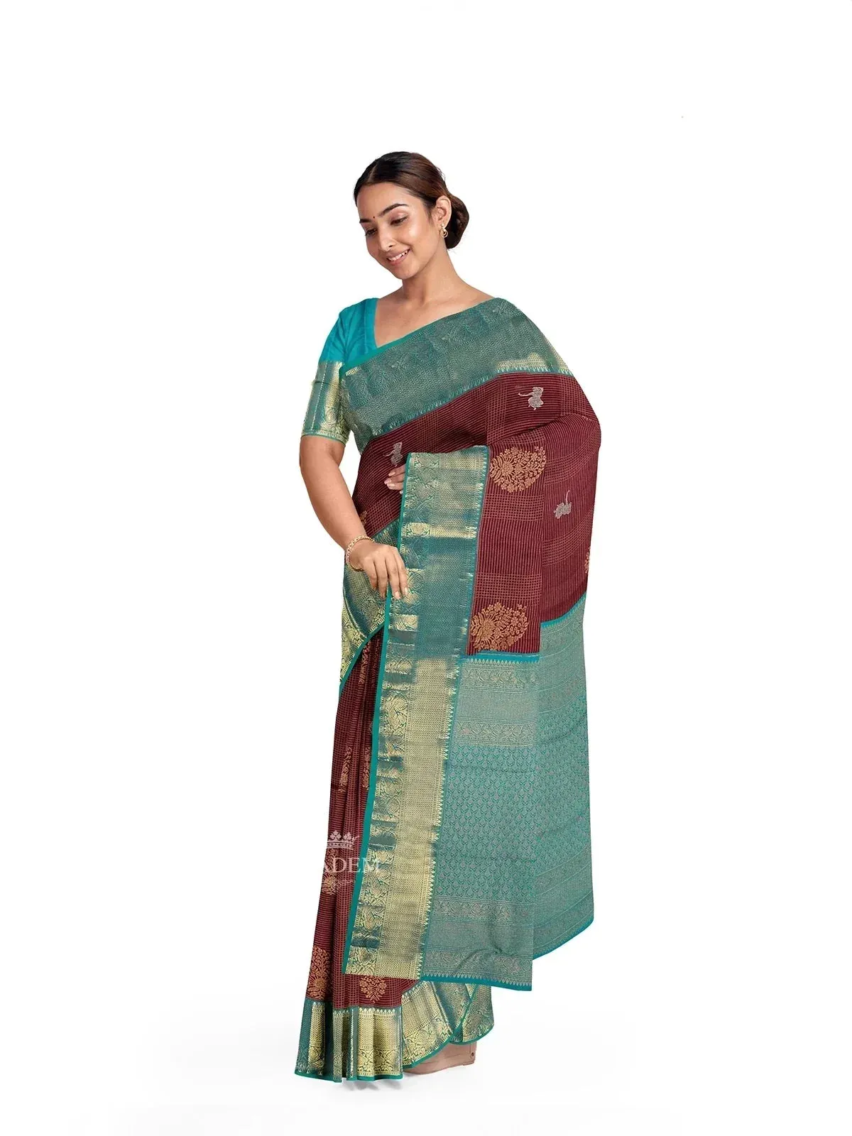 Brown Pure Kanchipuram (Bridal) Silk Saree with Stripes on the body and Contrast Zari Border