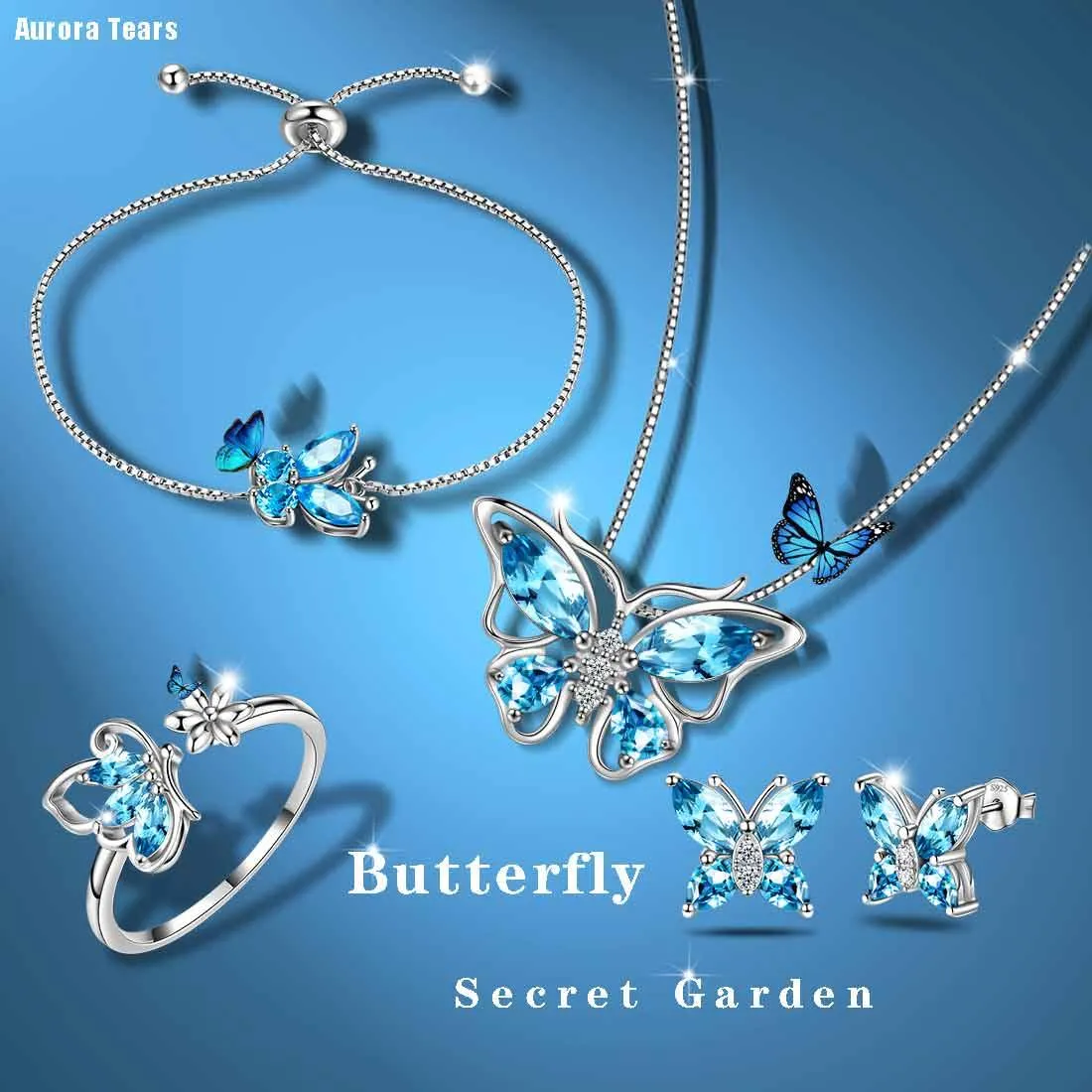 Butterfly Birthstone March Aquamarine Jewelry Set 5PCS Women Girls Birthday Gift