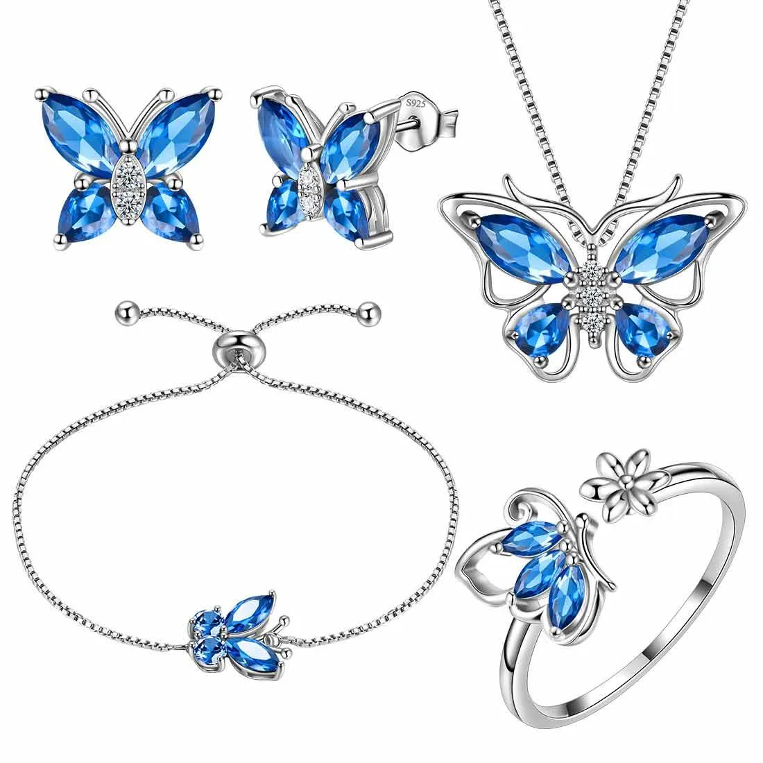 Butterfly Birthstone September Sapphire Jewelry Set 5PCS Women Girls Birthday Gift