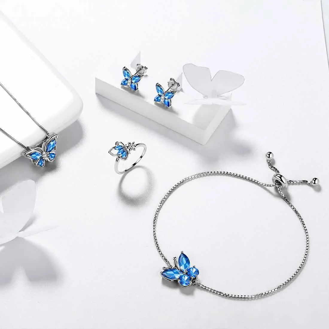 Butterfly Birthstone September Sapphire Jewelry Set 5PCS Women Girls Birthday Gift