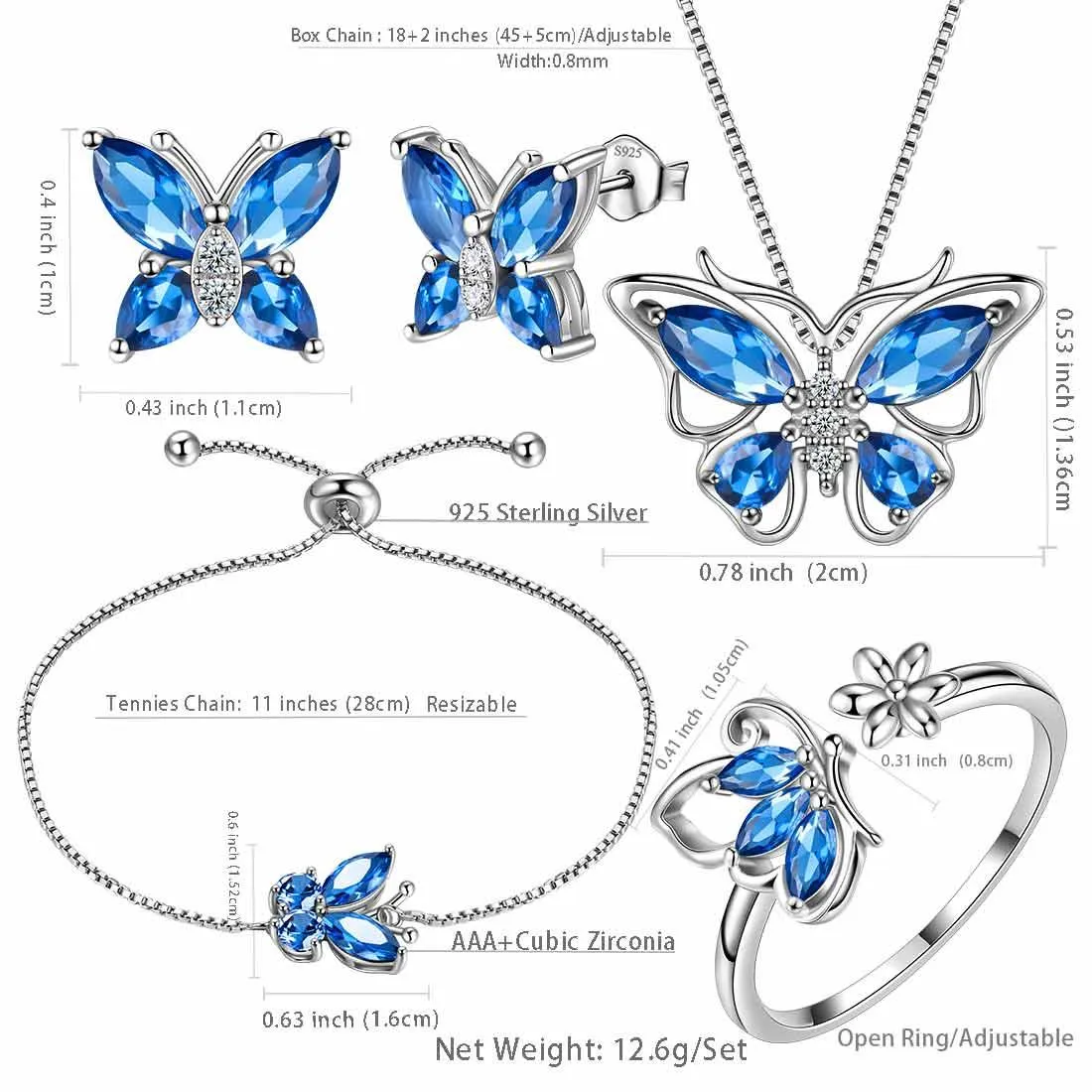 Butterfly Birthstone September Sapphire Jewelry Set 5PCS Women Girls Birthday Gift