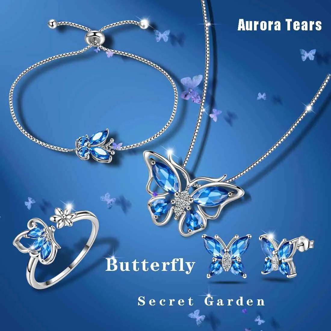 Butterfly Birthstone September Sapphire Jewelry Set 5PCS Women Girls Birthday Gift