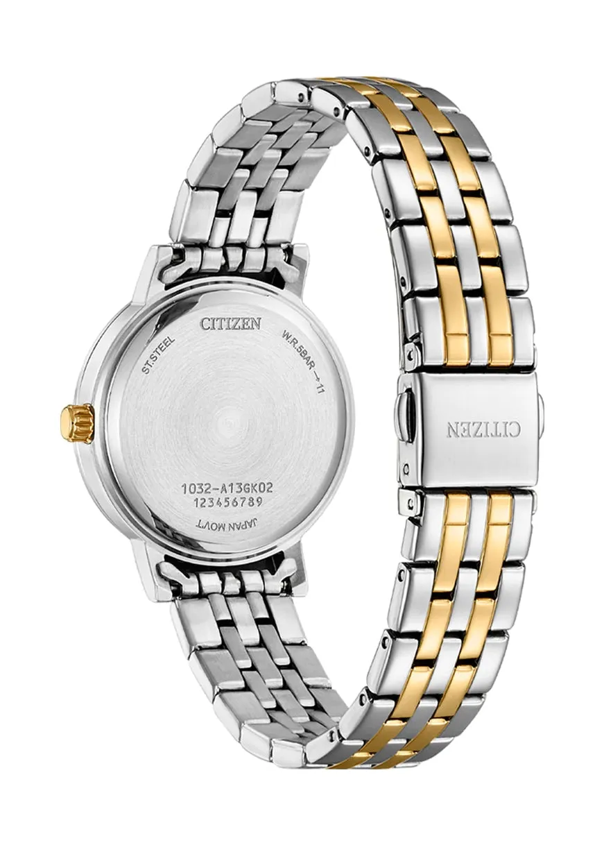 CITIZEN QUARTZ LADIES CRYSTAL MOTHER OF PEARL DIAL TWO-TONE EL3106-59D