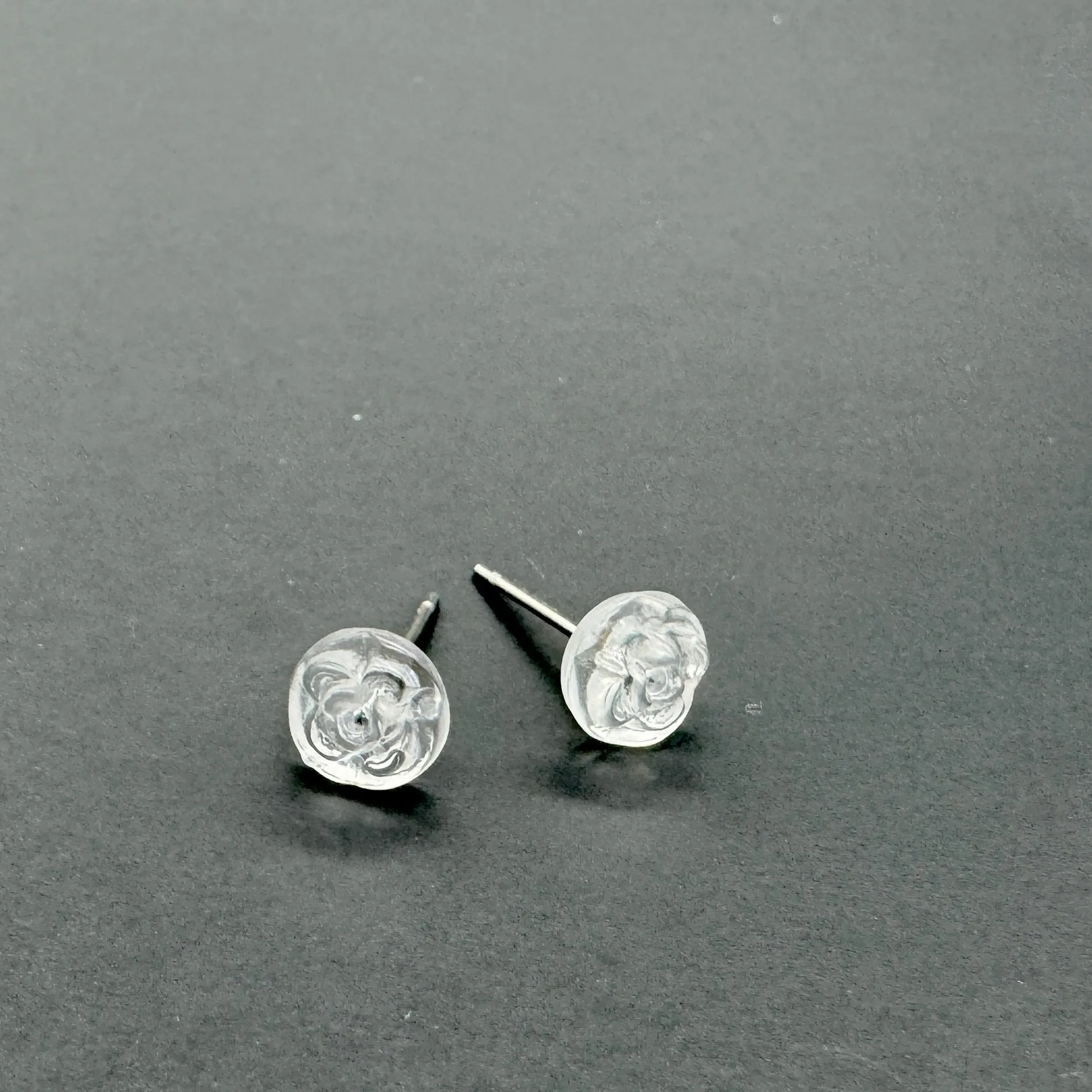 Clear Carved Flat Rose Flower Stud Earrings