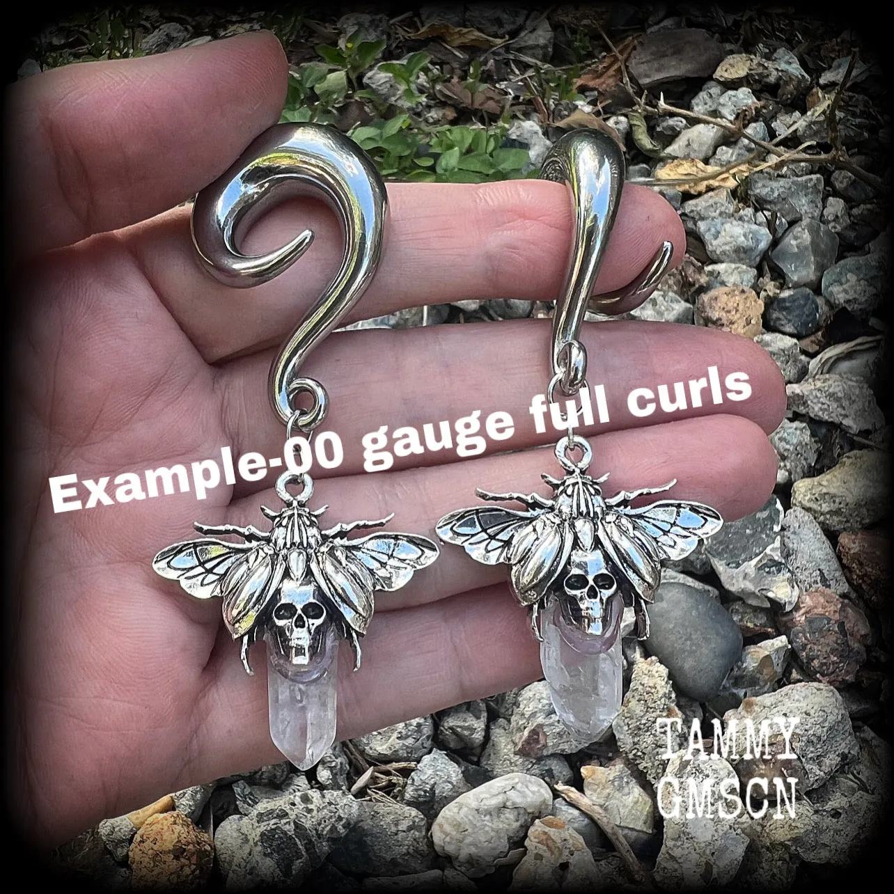 Clear quartz ear hangers-Scarab beetle gauged earrings