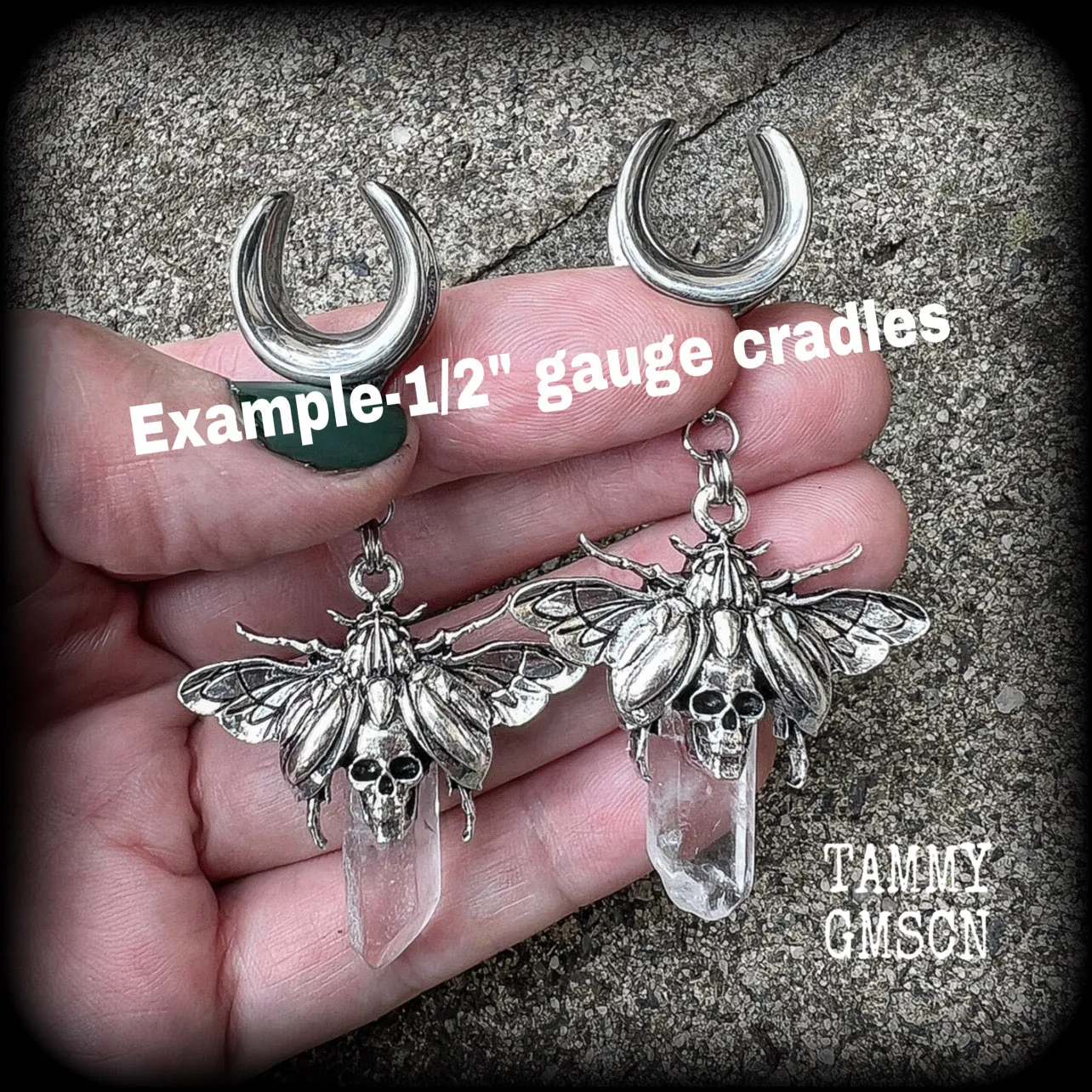 Clear quartz ear hangers-Scarab beetle gauged earrings