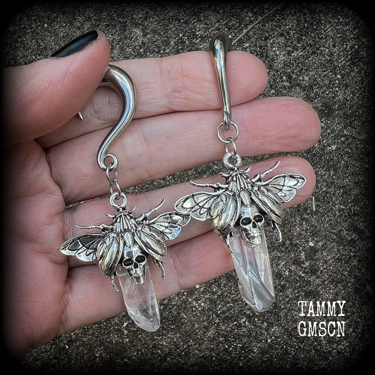 Clear quartz ear hangers-Scarab beetle gauged earrings