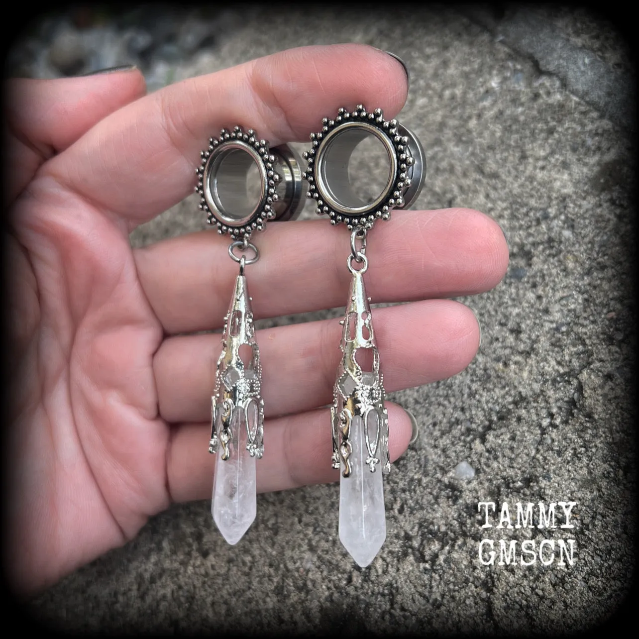 Clear quartz tunnel earrings-Gothic tunnel dangles