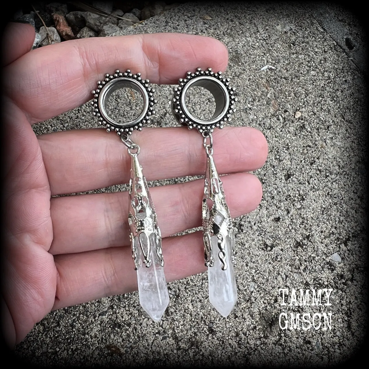 Clear quartz tunnel earrings-Gothic tunnel dangles