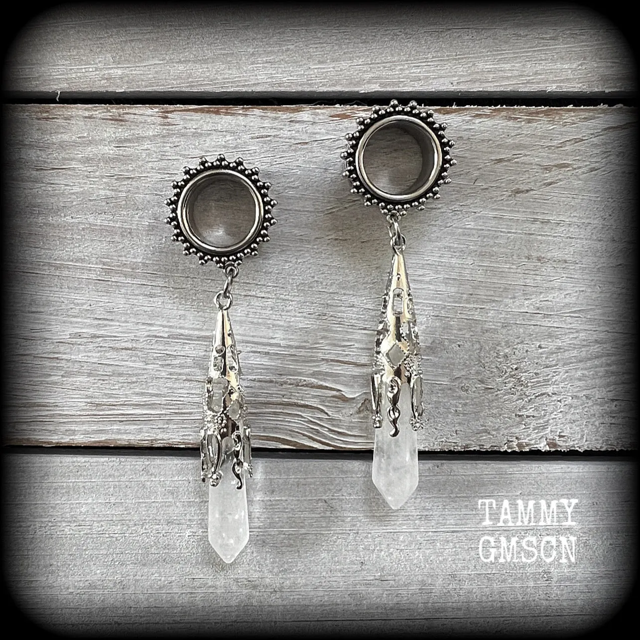 Clear quartz tunnel earrings-Gothic tunnel dangles