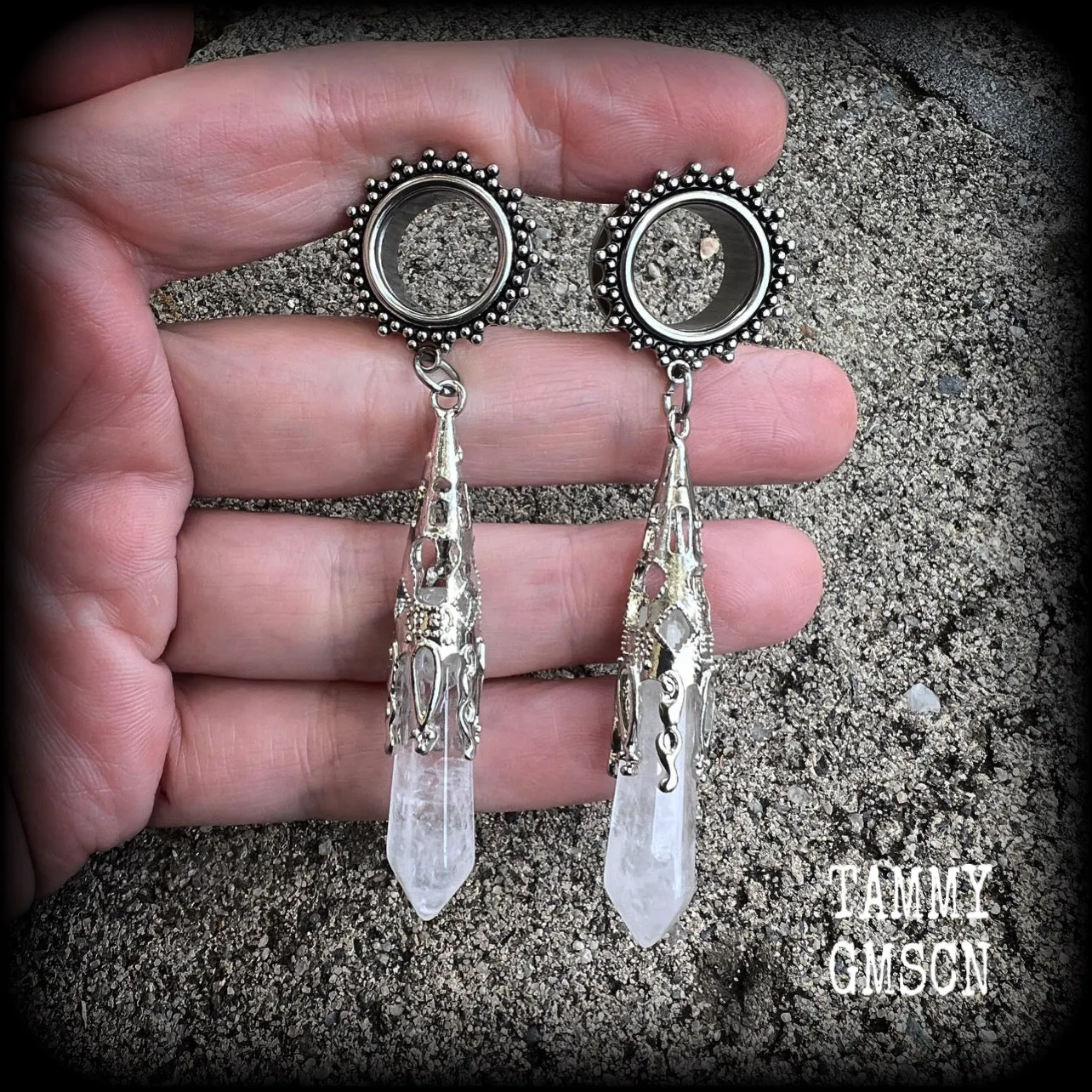 Clear quartz tunnel earrings-Gothic tunnel dangles