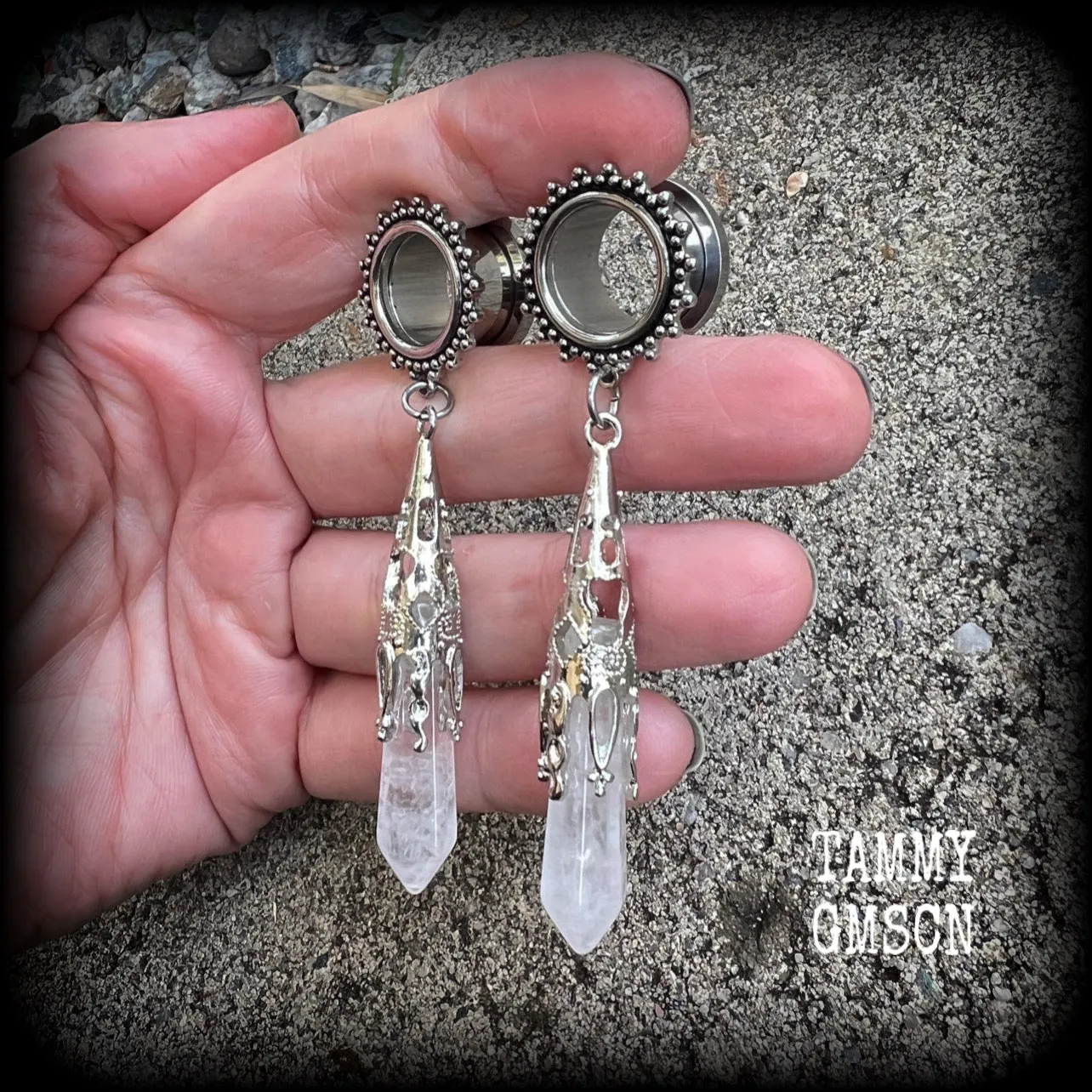 Clear quartz tunnel earrings-Gothic tunnel dangles