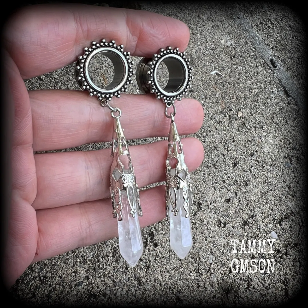 Clear quartz tunnel earrings-Gothic tunnel dangles