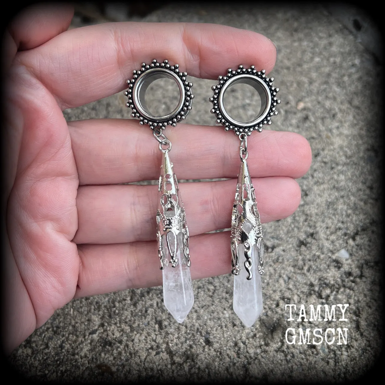 Clear quartz tunnel earrings-Gothic tunnel dangles