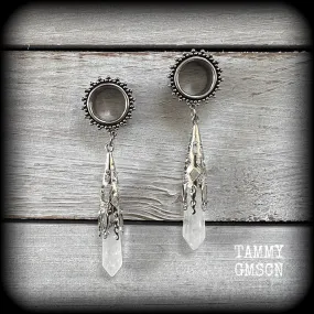 Clear quartz tunnel earrings-Gothic tunnel dangles