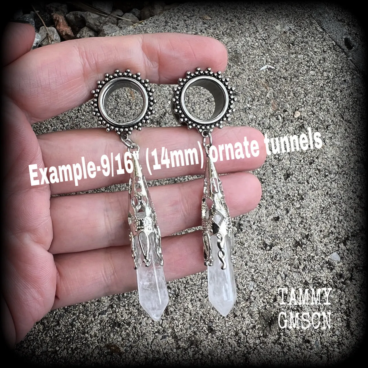 Clear quartz tunnel earrings-Gothic tunnel dangles