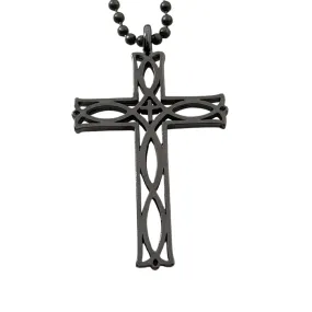 Cross Ichthus Fish Dark Metal Finish Pendant Dark Finish Ball Chain Necklace