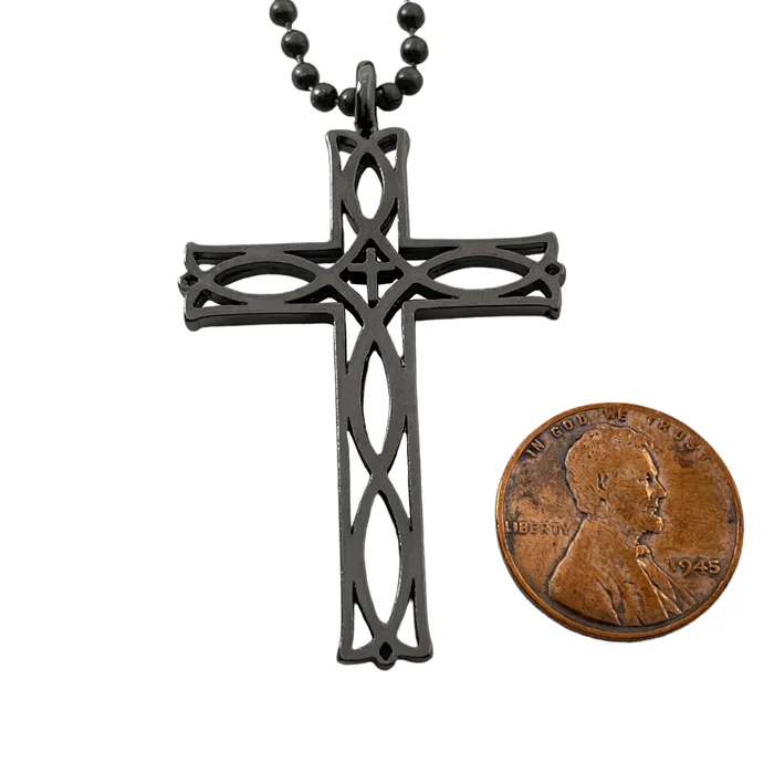 Cross Ichthus Fish Dark Metal Finish Pendant Dark Finish Ball Chain Necklace