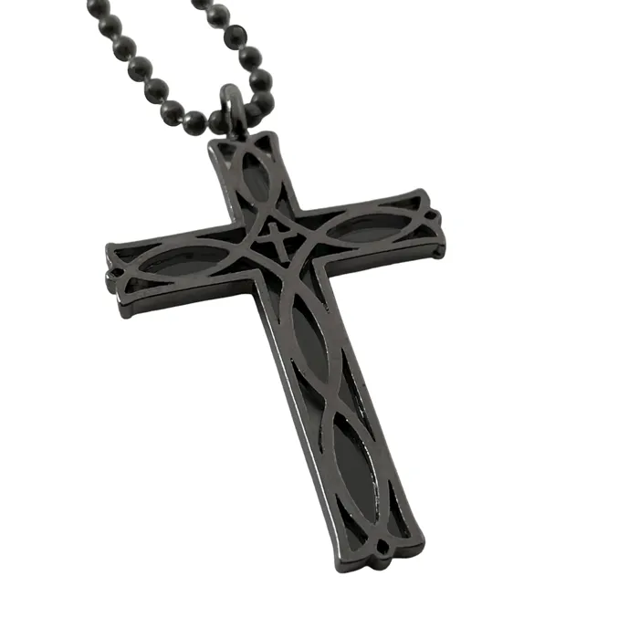 Cross Ichthus Fish Dark Metal Finish Pendant Dark Finish Ball Chain Necklace