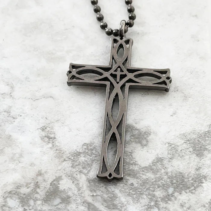 Cross Ichthus Fish Dark Metal Finish Pendant Dark Finish Ball Chain Necklace