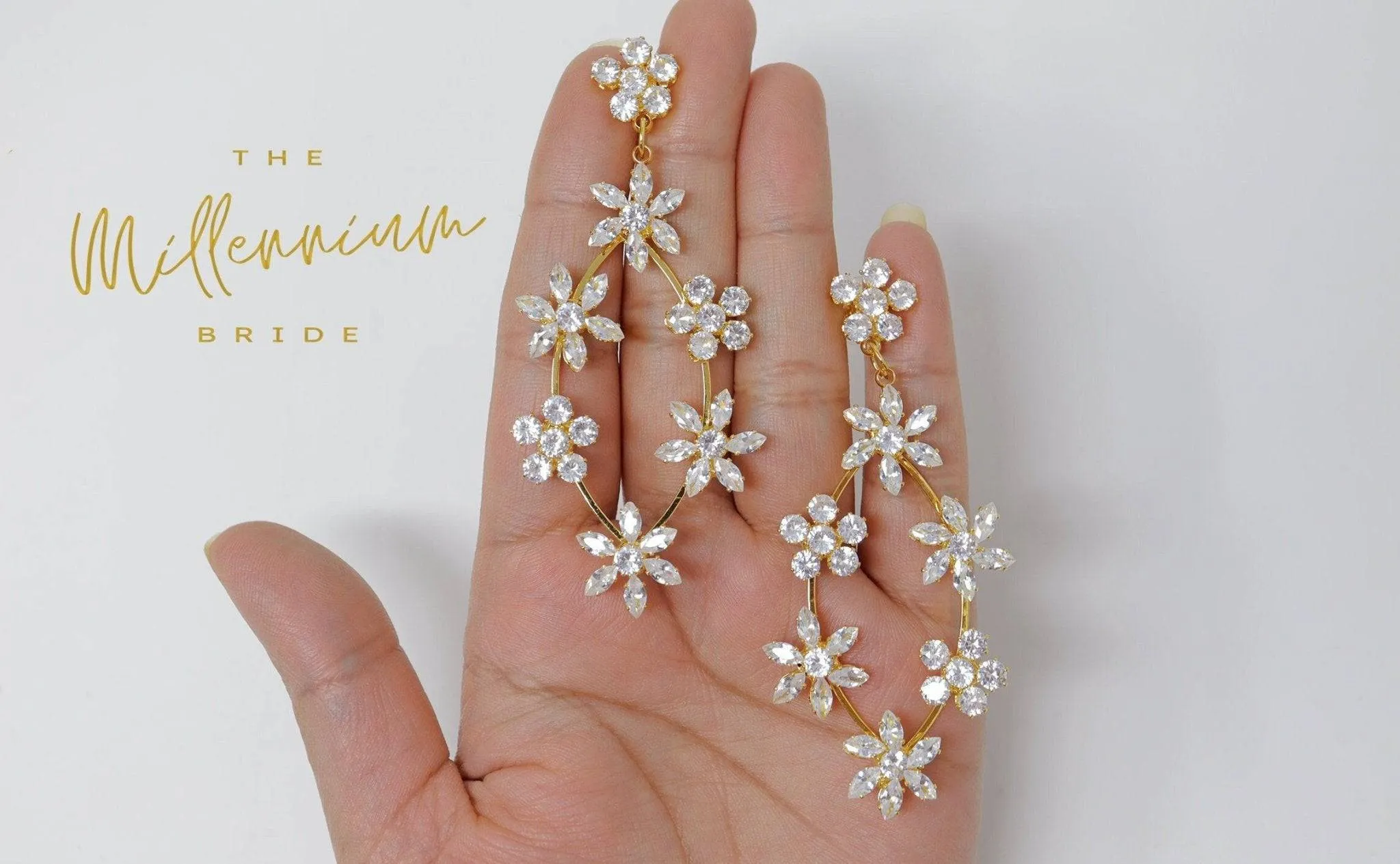 Cubic Zirconia Floral Vine Diamond Earrings, Long Bridal Earrings, Crystal Bridal Earrings, Statement Earrings, Gold Bride Earring.