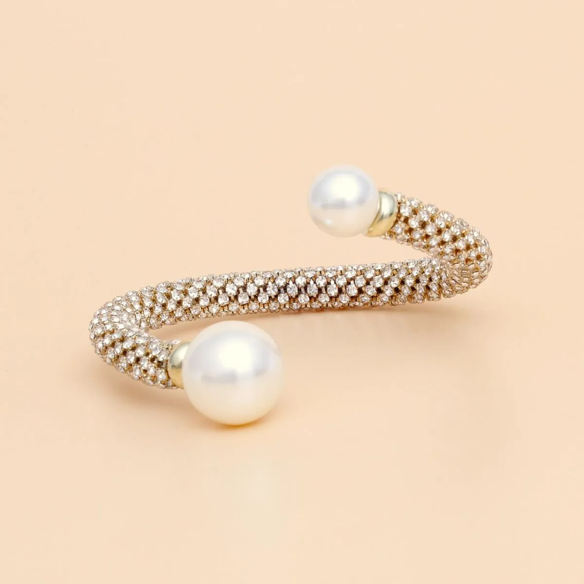 Cuff Gold Twist Rhinestone Pearl Capped Bracelet