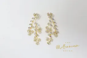 CZ Floral Three Vine Leaves Diamond Earrings, Long Bridal Earrings, Crystal Bridal Earrings, Statement Earrings, Gold Bride Earring.